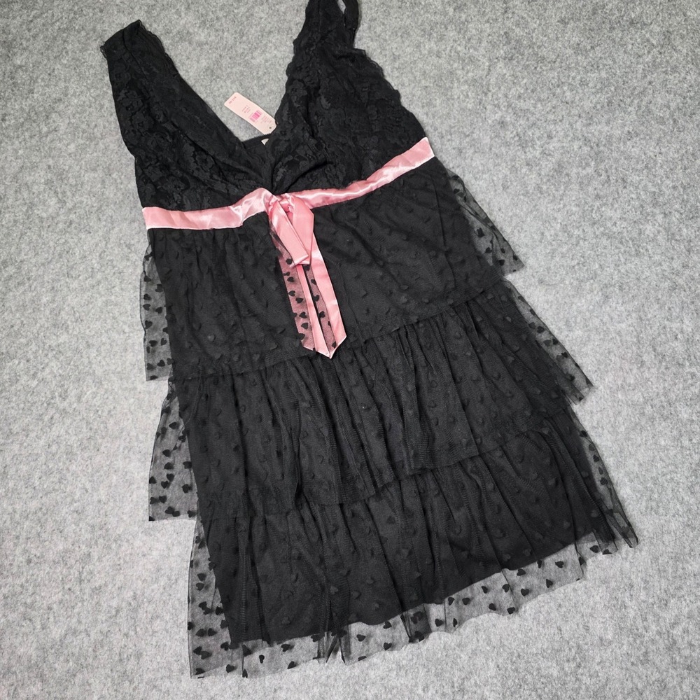 Cacique Babydoll Lingerie Black Pink Heart Ruffle Tiered Lace 2 PC Set 14/16 NEW - Picture 2 of 8